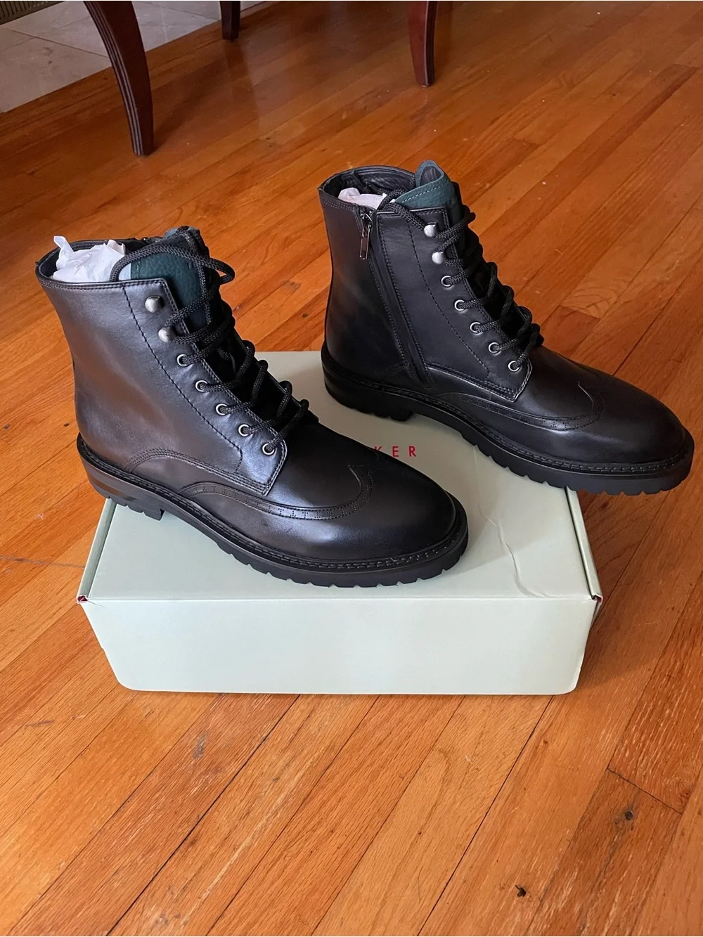 Ted Baker Black Leather Lace-Up Boots with Green Tongue Accents